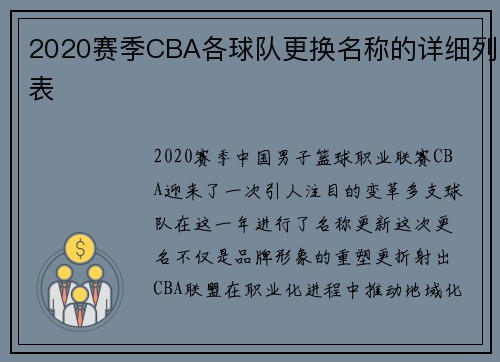 2020赛季CBA各球队更换名称的详细列表